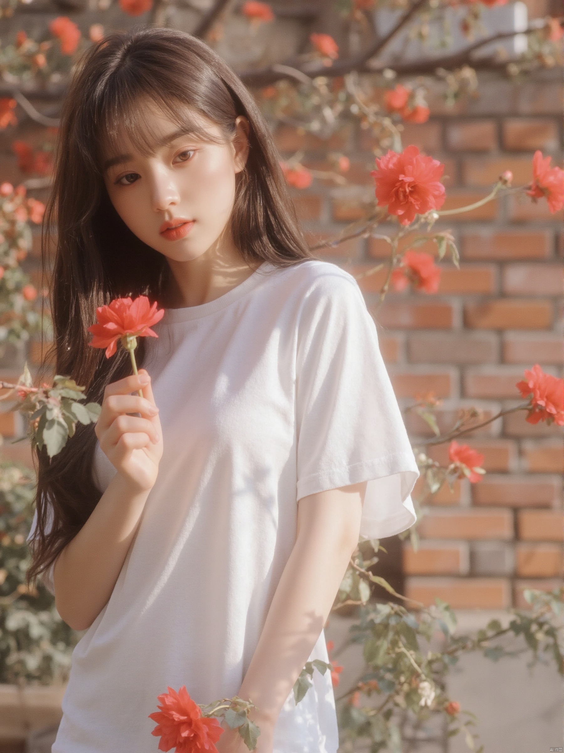 a woman with long dark brown hair, wearing a white t-shirt, is holding a vibrant red flower in her left hand. The woman's left eye is slightly open, as if she is looking down at the red flower. In the background, a brick wall can be seen. A tree with red flowers is seen behind the woman, adding a pop of color to the scene.