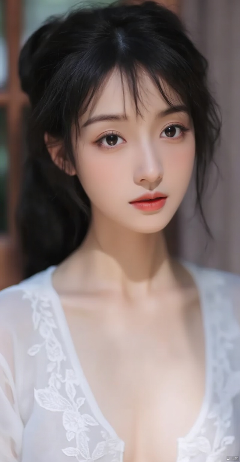 a close-up shot of a young Asian woman with dark brown hair and brown eyes. She is wearing a white sleeveless blouse with a low neckline that is adorned with white embroidery. Her hair is pulled back in a ponytail, adding a touch of texture to her face. The backdrop is blurred, creating a stark contrast to the woman's white dress.