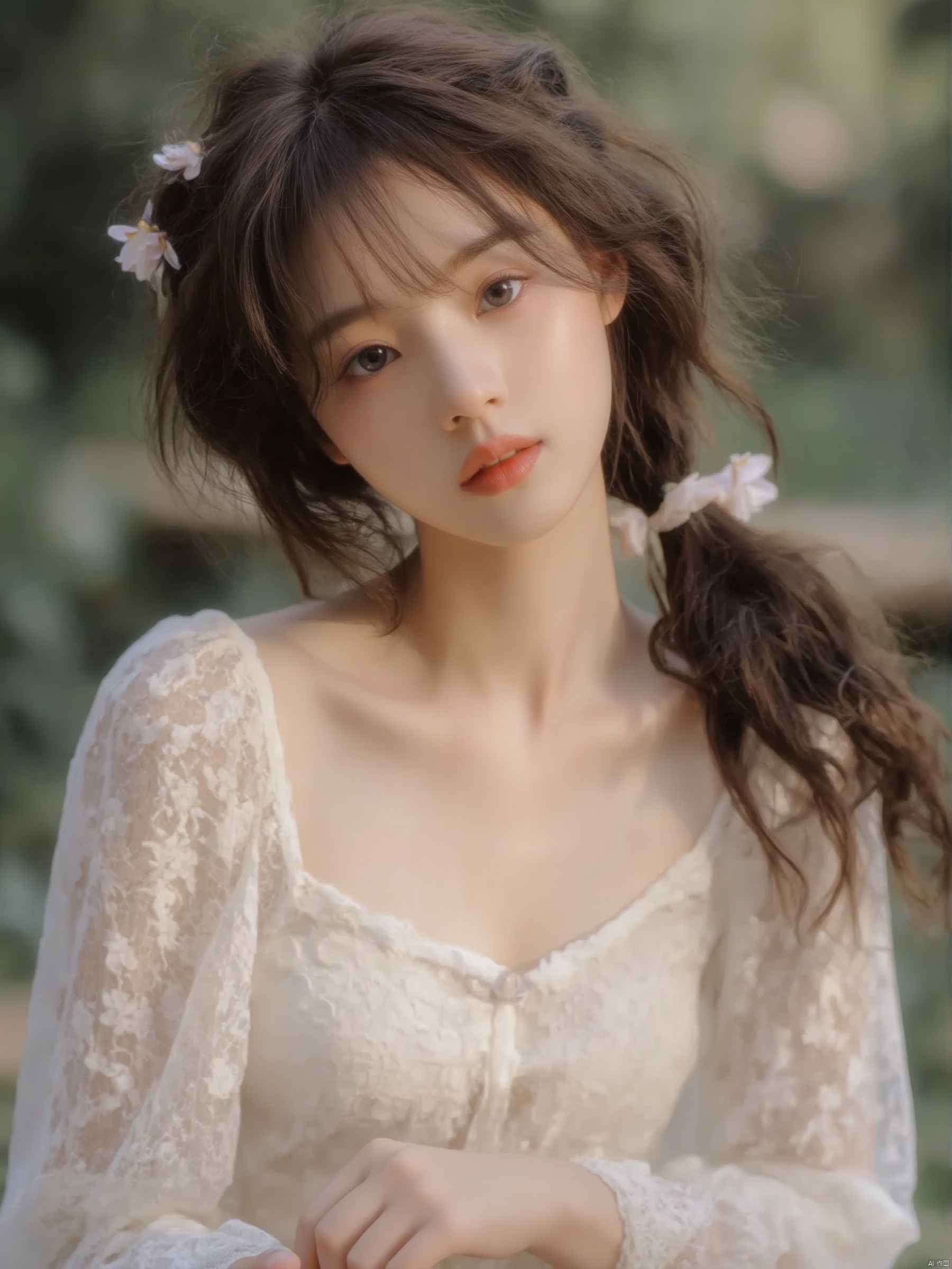 Captured from a close-up, eye-level perspective, a young Asian woman with long brown hair, wearing a white lace sleeveless dress, adorned with a flower in her hair. Her eyes are a piercing blue, and her lips are painted pink. Her hair is pulled back in a ponytail, adding a pop of color to the scene. The backdrop is blurred, suggesting a natural setting.
