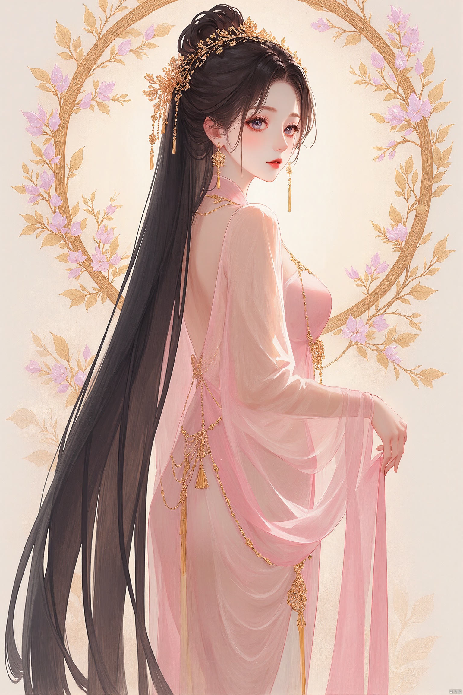 digital illustration ,nishang, 1girl,very long hair,long dress,smooth skin,earrings,flowers theme,cowboy shot,upper body,looking back