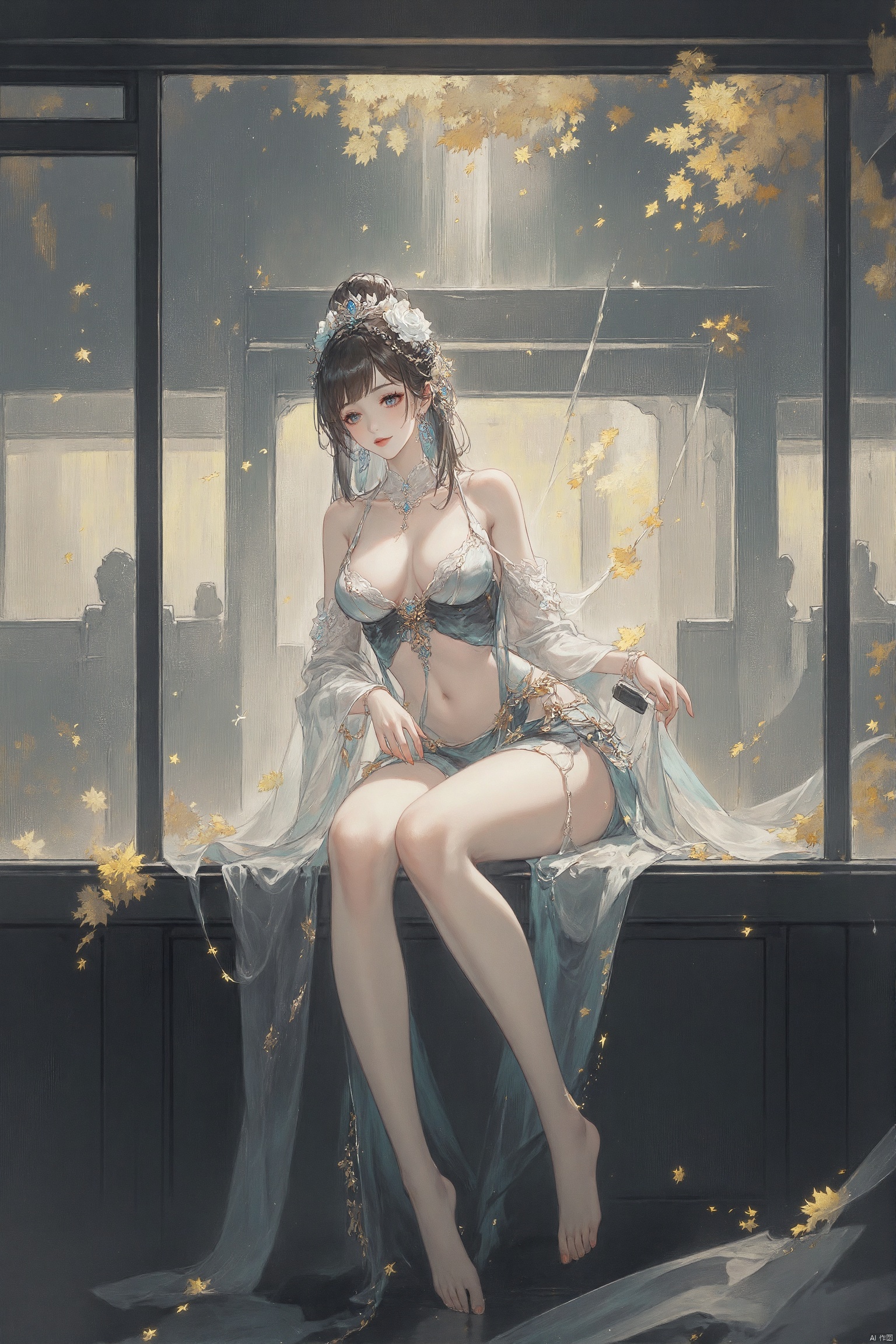 digital illustration ,1 girl, exquisite delicate eyes, luminous smooth white porcelain skin, soft warm light, pastel hues, photorealistic, sitting at a misty bus station, clinging wet clothes, rain-soaked atmosphere, subtle reflections on her skin.good legs,