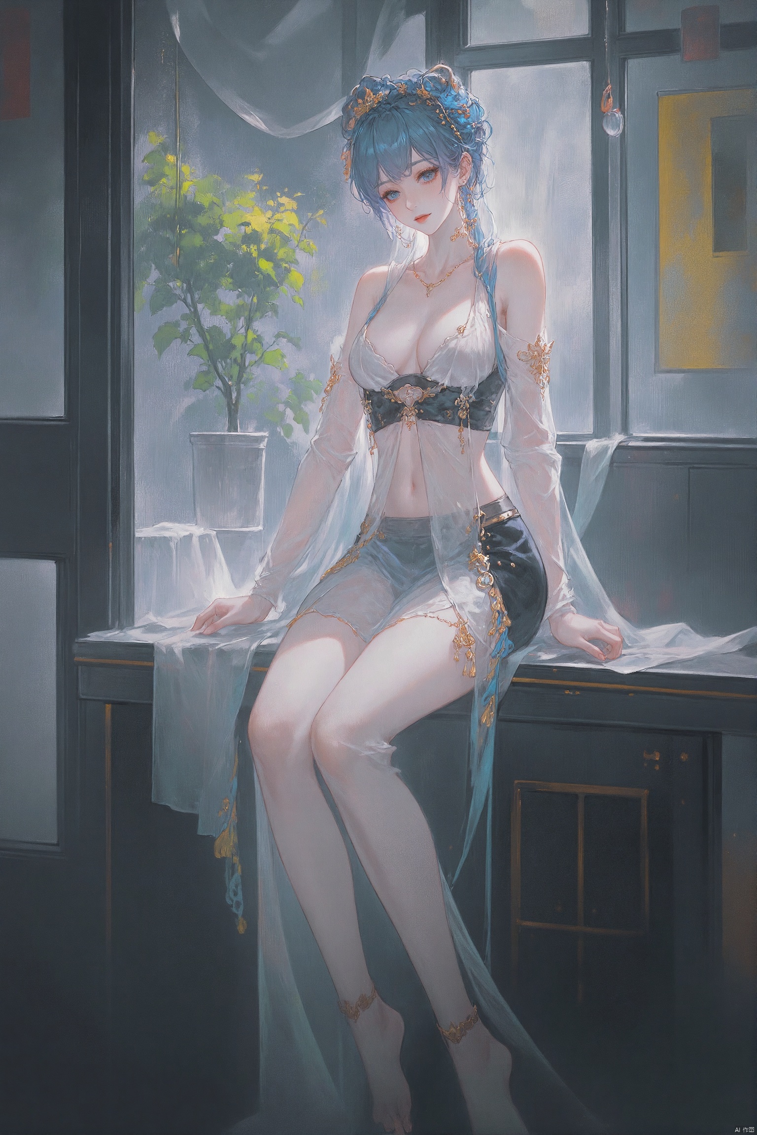 digital illustration ,1 girl, exquisite delicate eyes, luminous smooth white porcelain skin, soft warm light, pastel hues, photorealistic, sitting at a misty bus station, clinging wet clothes, rain-soaked atmosphere, subtle reflections on her skin.good legs,