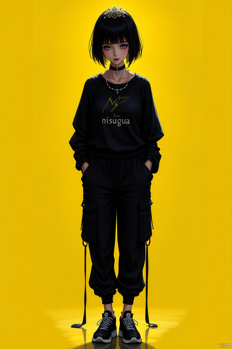 nishang,dark background,1girl,black hair,solo,shoes,short hair,pants,full body,choker,baggy clothes,sneakers,hands in pockets,hyuuga hinata,yellow background,jirou kyouka,looking at viewer,character name,bangs,standing,white eyes,blunt bangs,english text,,light smile,, (dramatic, gritty, intense:1.4),masterpiece,best quality,8k,insane details,intricate details,hyperdetailed,hyper quality,high detail,ultra detailed,Masterpiece,
