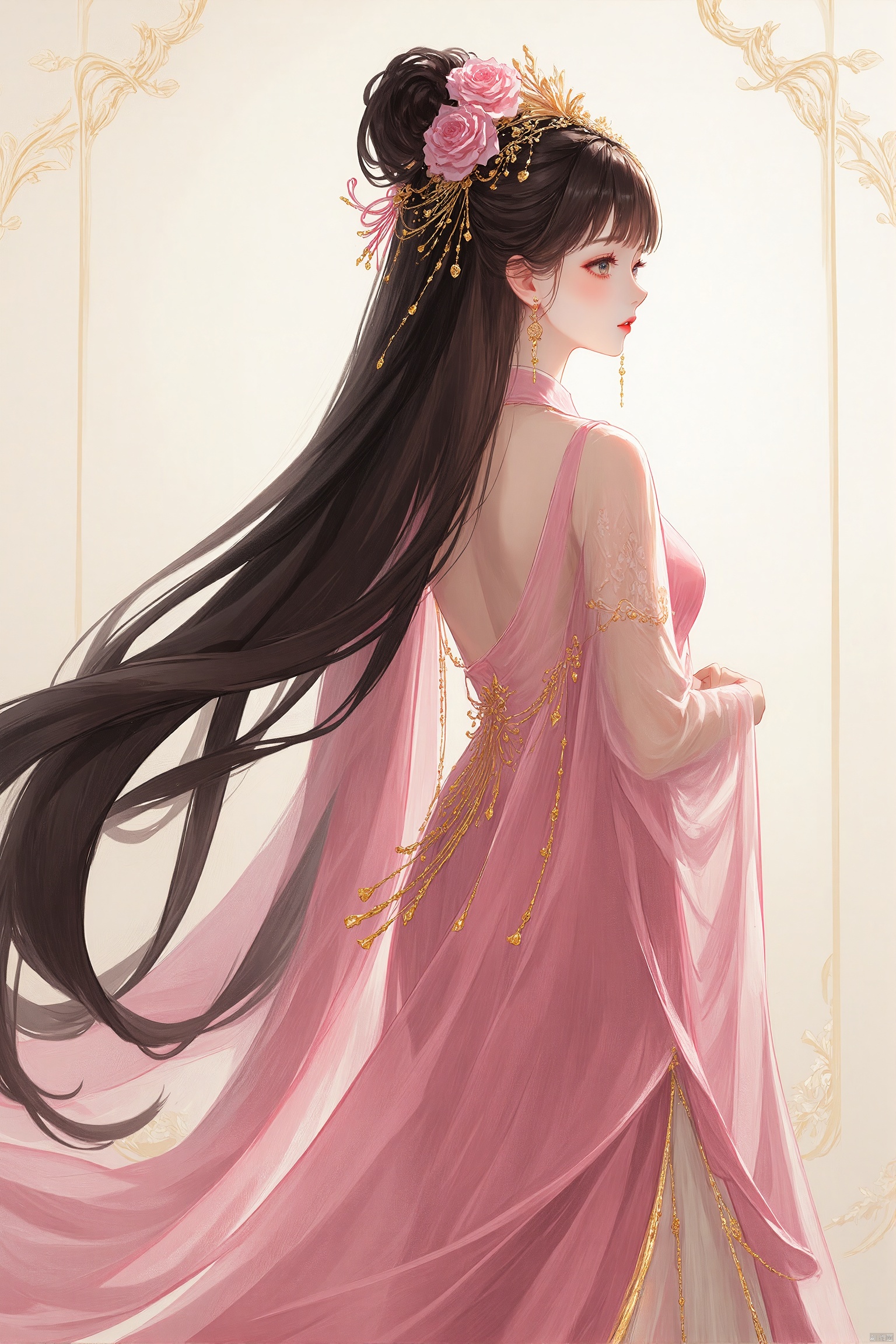 digital illustration ,nishang, 1girl,very long hair,long dress,smooth skin,earrings,flowers theme,cowboy shot,upper body,looking back