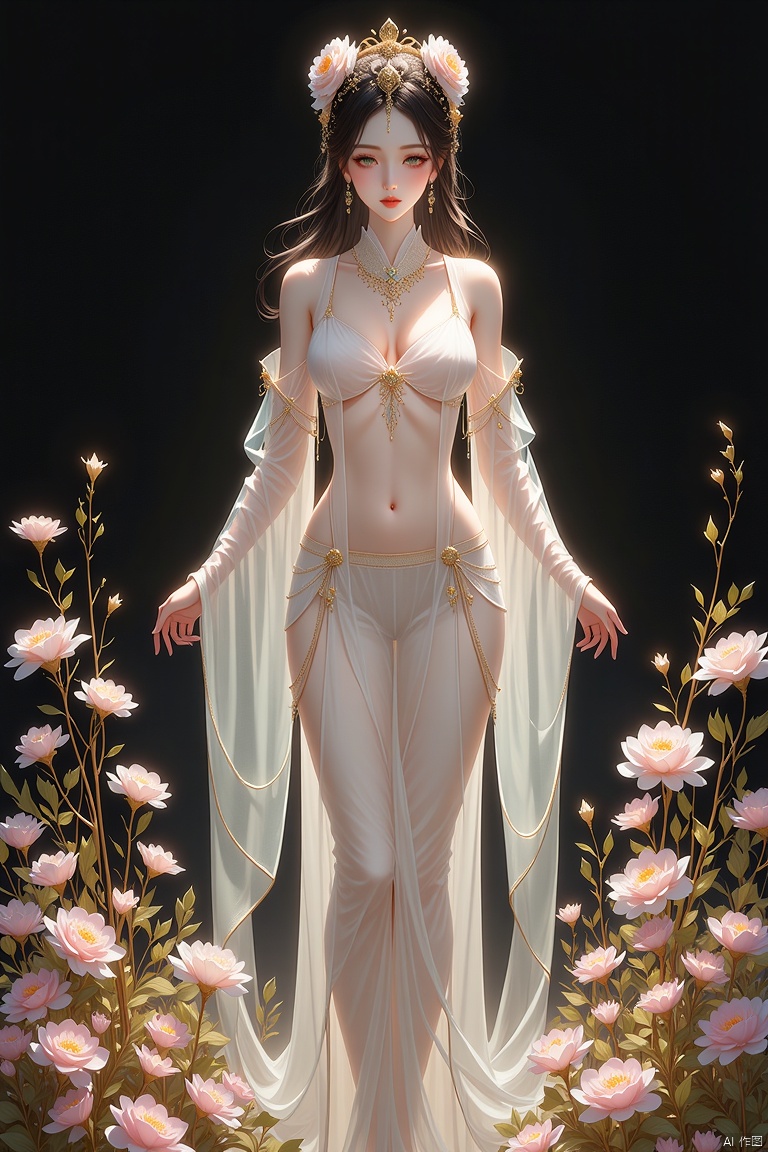 nishang,A thin and emaciated woman floating in a sea of flowers, her white clothing shining  soft light makes her figure beautiful, her peaceful expression makes her look beautiful, and the floating silk ribbon makes her look ethereal and ethereal,dynamic composition,dark background,Dynamic composition, ultra-fine details,looking back,from behind,