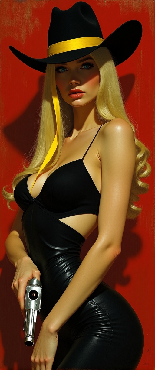 A close-up shot of a striking woman,  adorned with long blonde hair and piercing blue eyes,  donning a sleek black cowboy...