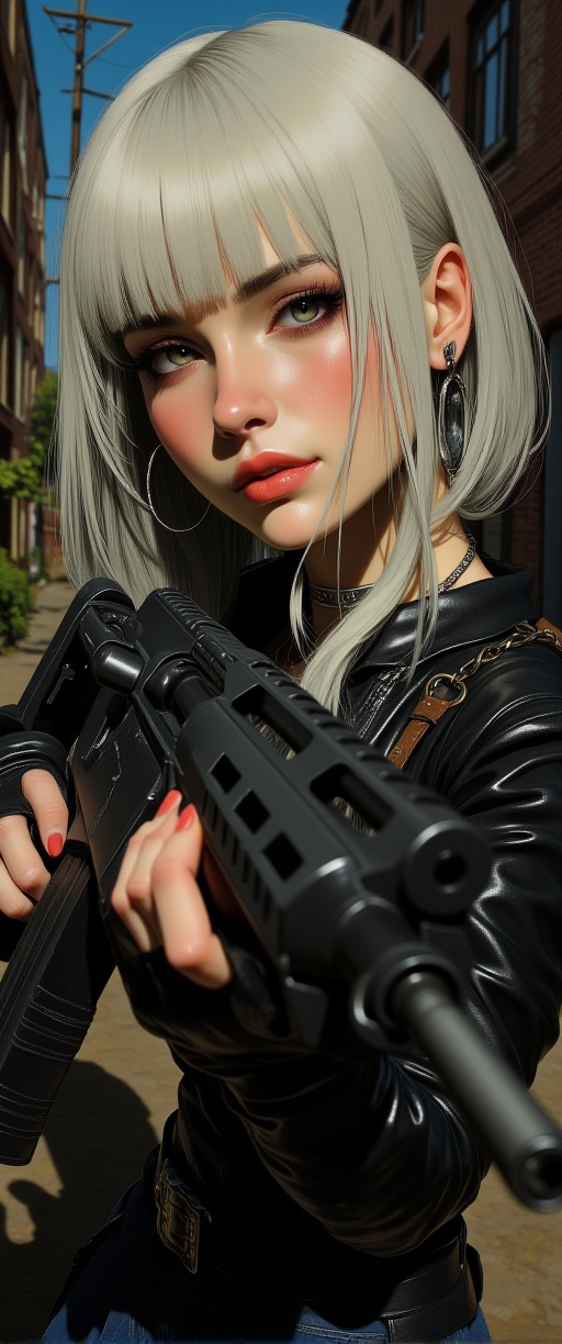anime image,  goth cyberpunk woman,  long silver straight-cut hair on Tensor.Art