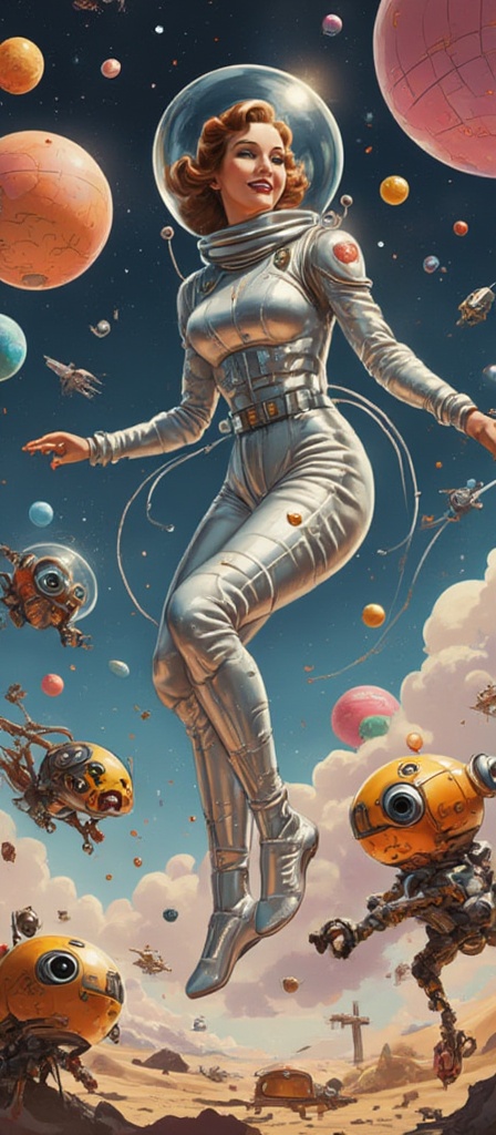 Atompunk,  Happy space-race female astronaut in a shiny suit with a bubble helmet,  floating alongside cute robot pets in...