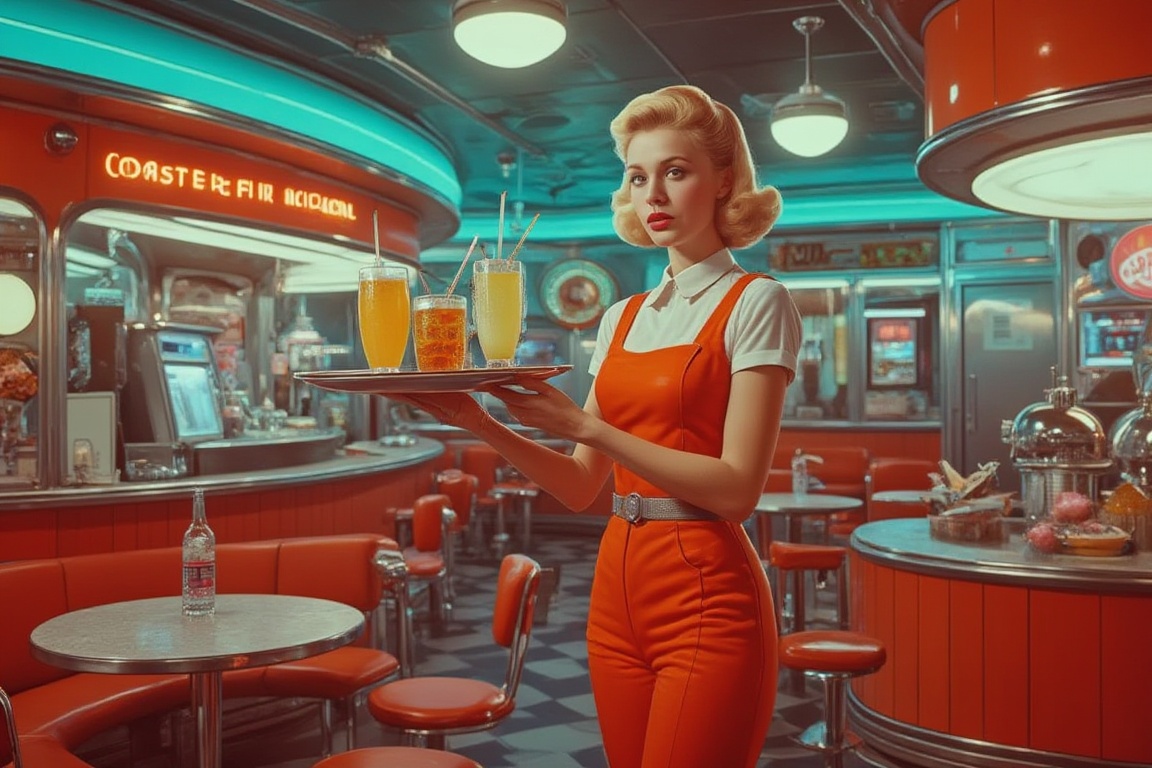 Atompunk,  Retro waitress in a chrome diner,  holding a floating tray with glowing drinks. on Tensor.Art