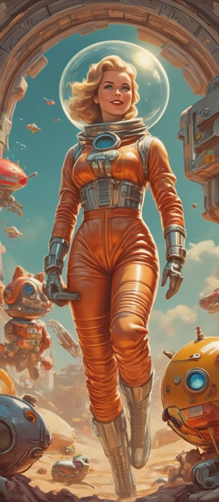 Atompunk,  Happy Supernatural female astronaut in a shiny suit with a bubble helmet,  floating alongside cute robot pets i...