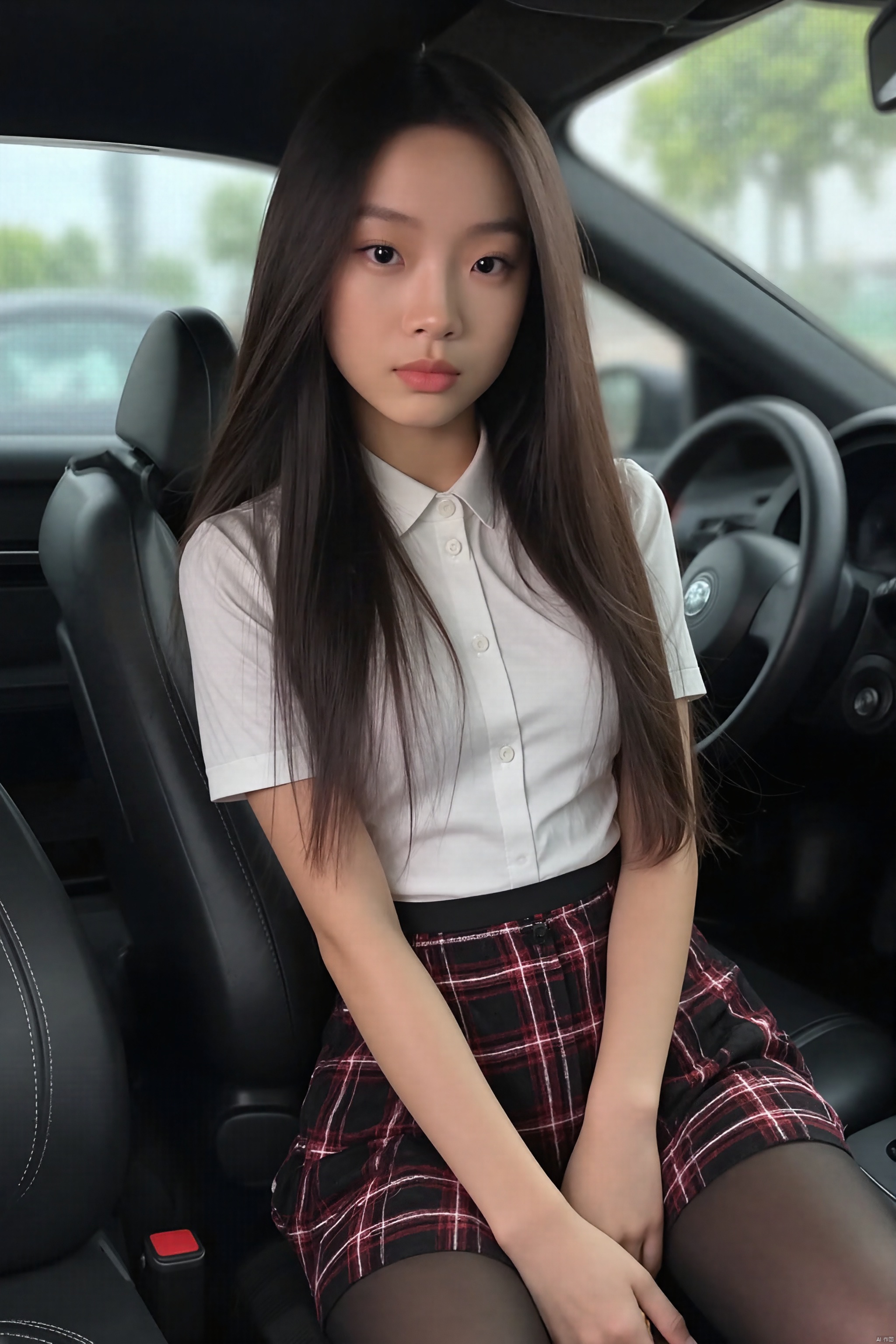 masterpiece,best quality,stunning details,realistic,1girl,idol,long hair,(high detail fair skin),big breasts,school uniform,plaid skirt,(shiny pantyhose),upper body,inside luxury car,sitting,