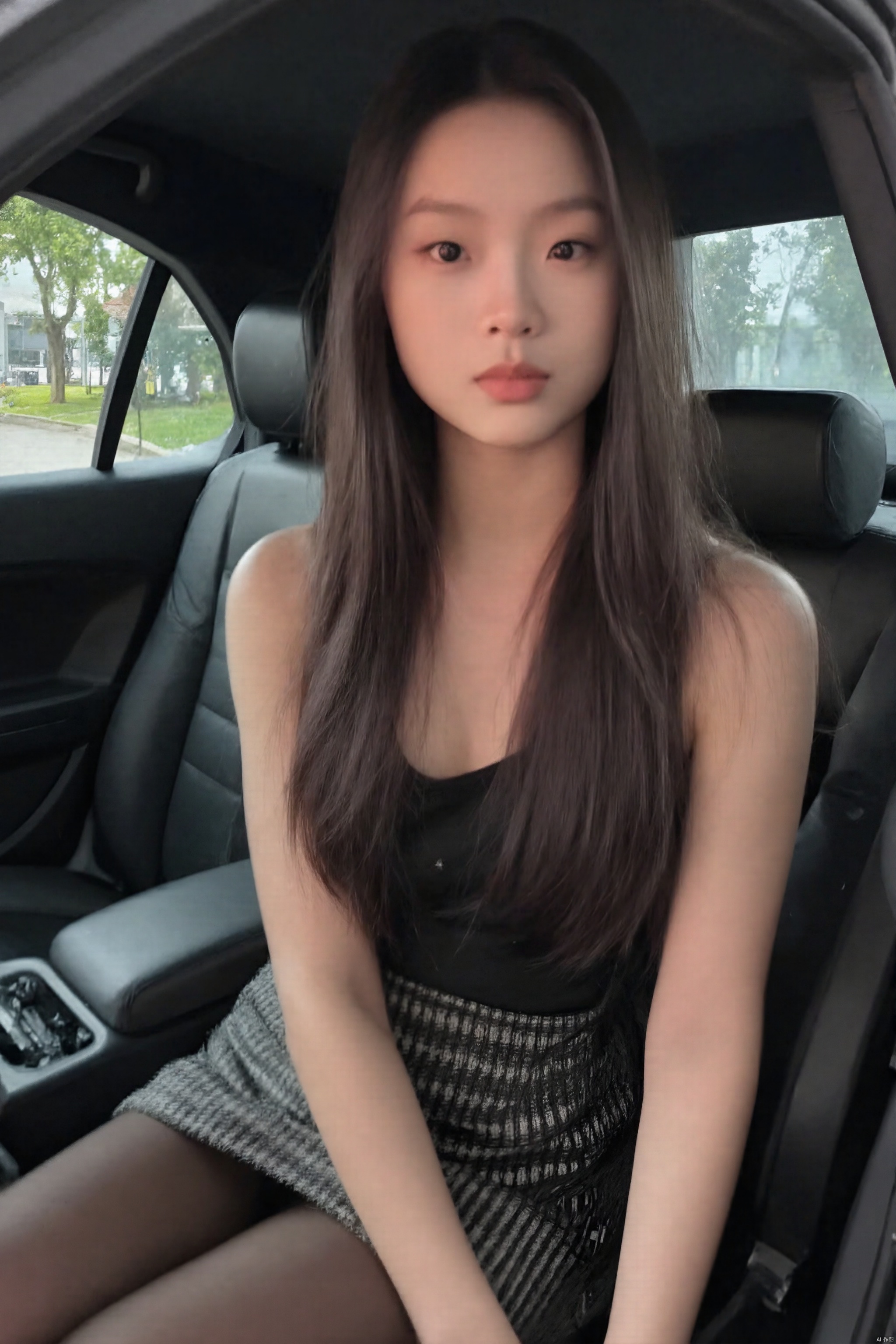 masterpiece,best quality,stunning details,realistic,1girl,idol,long hair,(high detail fair skin),big breasts,school uniform,plaid skirt,(shiny pantyhose),upper body,inside luxury car,sitting,