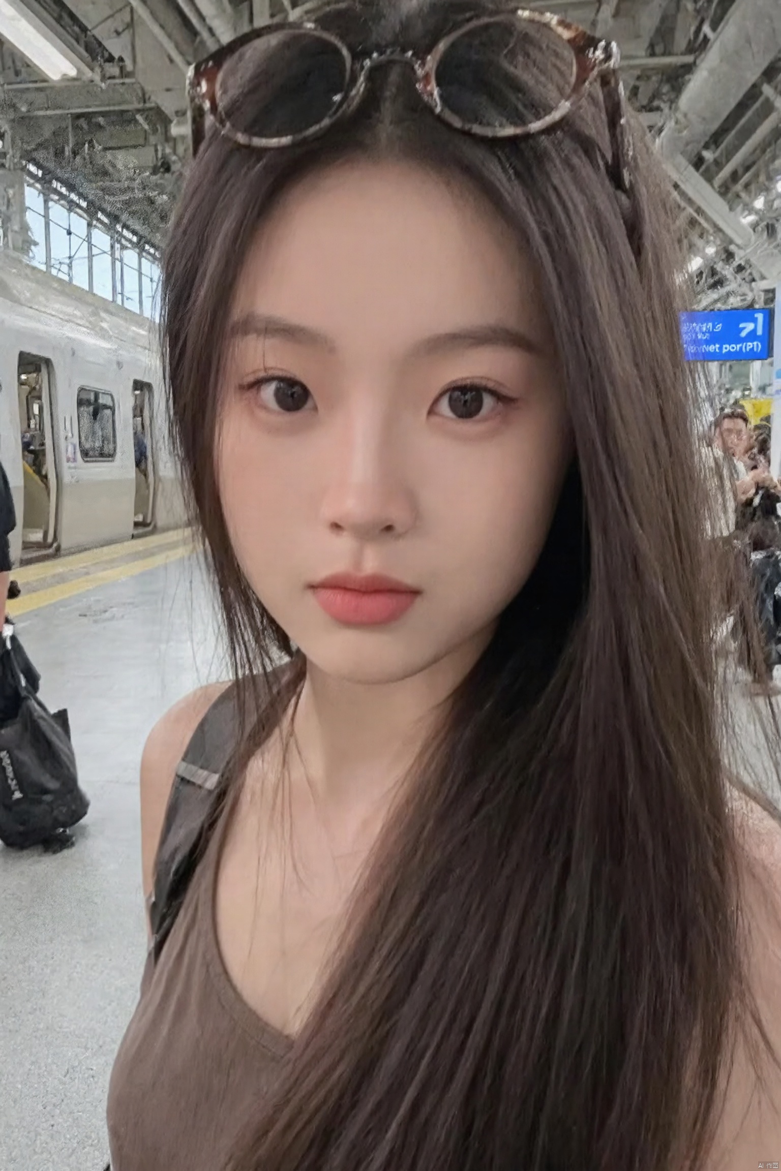 A close-up of a young woman with dark long hair, glasses on her head, and a camisole, looking straight into the camera. A close-up of a woman with brown long hair, glasses, a camisole, and a handbag, who appears to be at the airport with a train in the background,