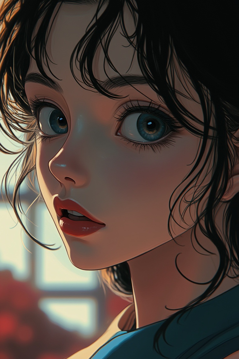 A close-up shot of a lady's face,  blending Akira and Hirō styles. The composition focuses on her expressive eyes and deta...