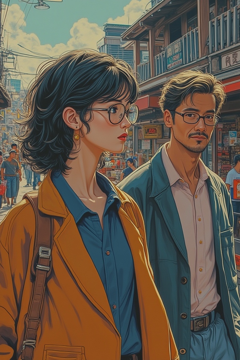 A dynamic scene blending Akira and Hirō styles,  featuring a woman wearing glasses walking together with a man in a vibran...