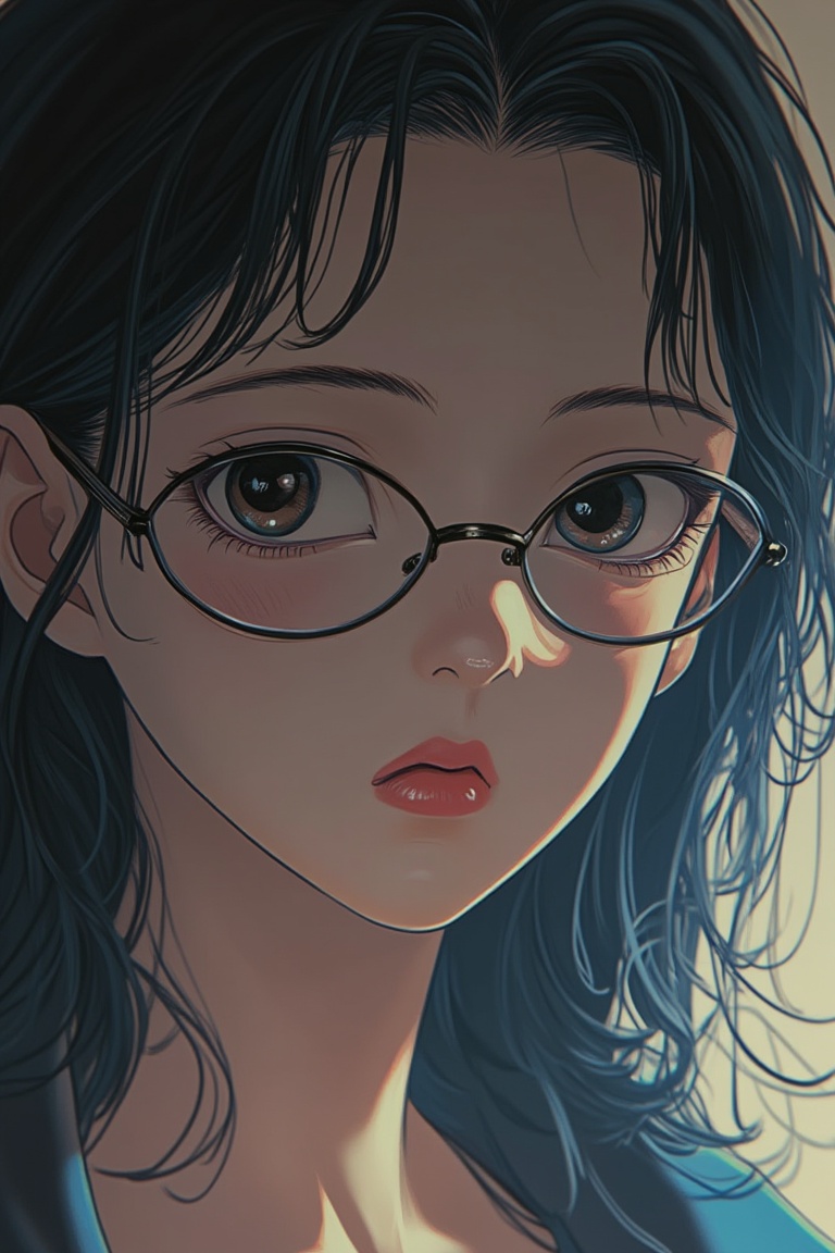 A close-up shot of a woman with a dull expression,  blending Akira and Hirō styles. She wears glasses,  with detailed faci...