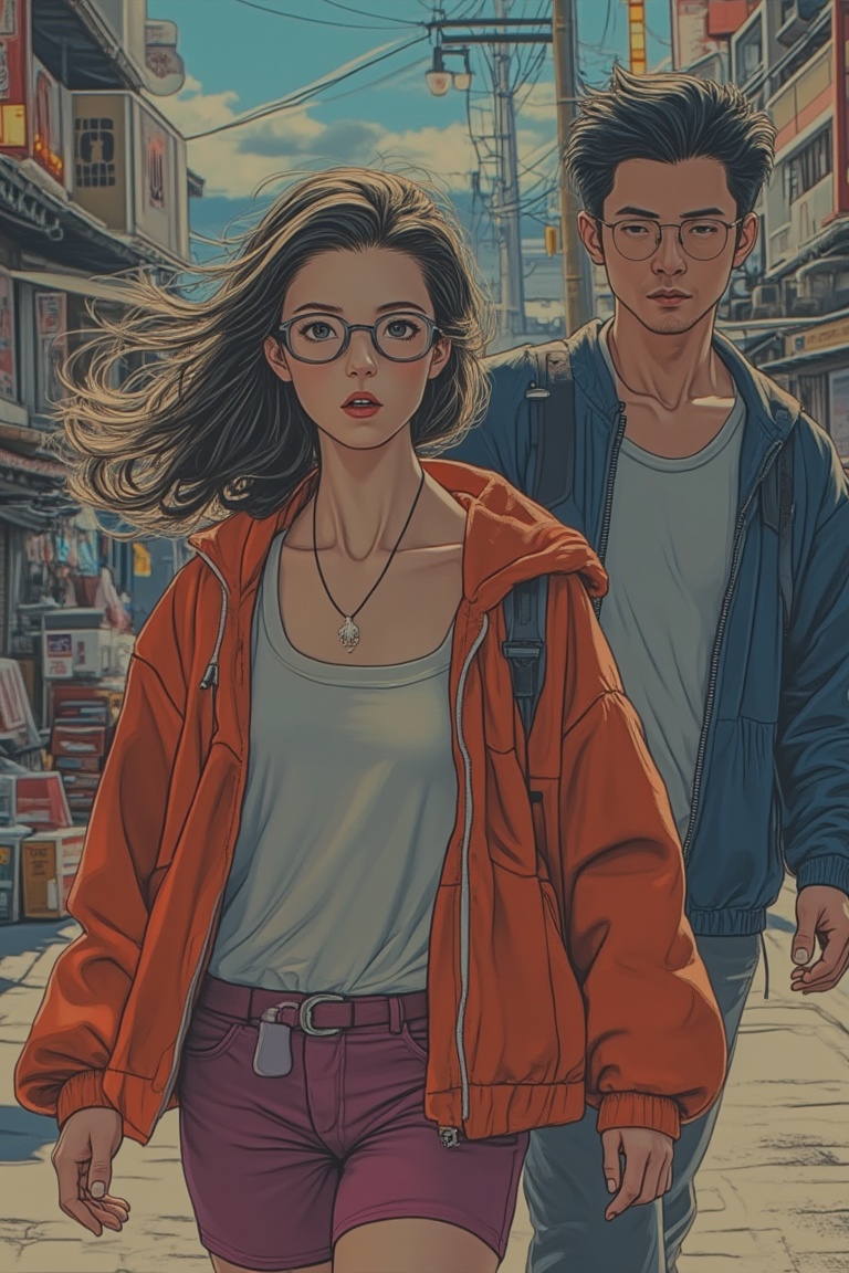 A dynamic scene blending Akira and Hirō styles,  featuring a woman wearing glasses walking together with a man in a vibran...