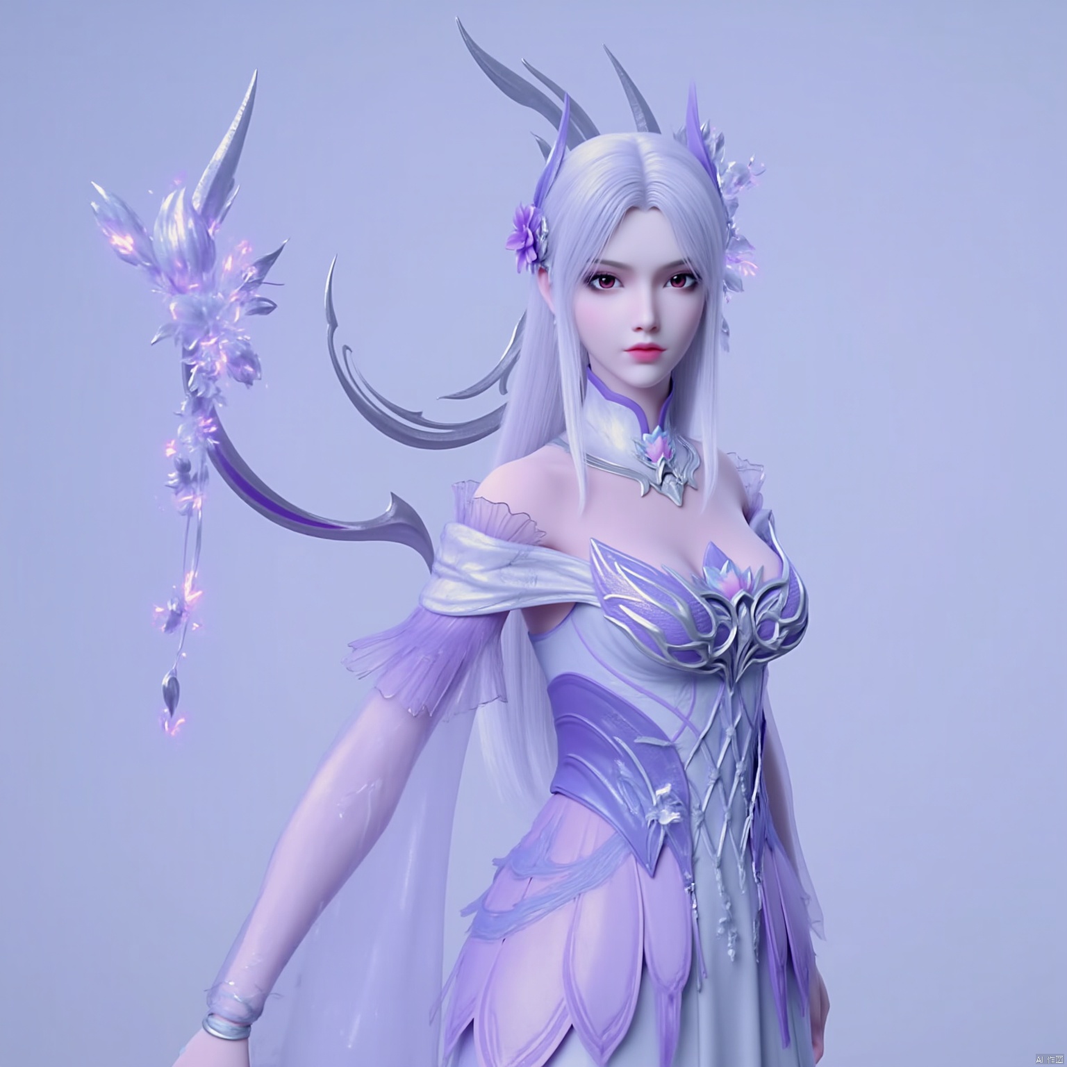 1girl,white hair,silver armor and purple accents,delicate wings,flowing robe