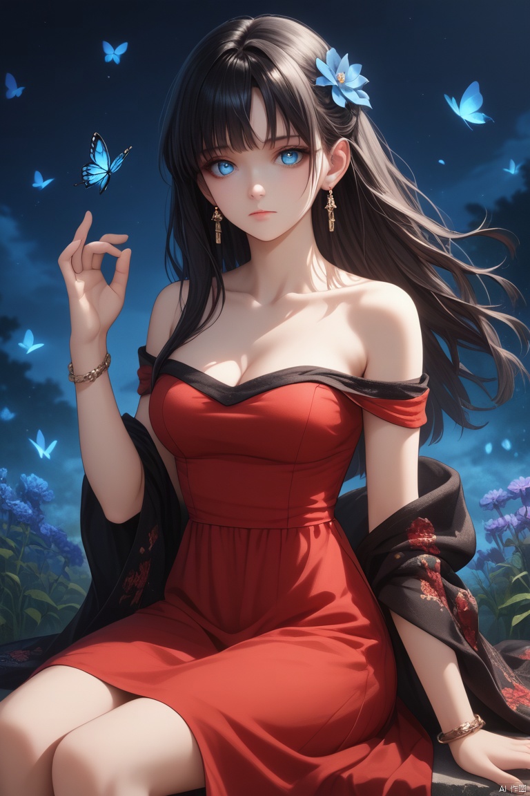 score_9,score_8_up,score_7_up, source anime,masterpiece,best quality,ultra detailed eyes,BREAK,1girl,solo,flower,hair ornament,blue eyes,jewelry,breasts,sitting,long hair,butterfly,earrings,hair flower,looking at viewer,cleavage,dress,bracelet,medium breasts,red flower,collarbone,bare shoulders,bangs,black hair,hand up,closed mouth,off shoulder,skirt,gem,floating hair,red skirt,shawl,red dress,glint,feet out of frame,night,outdoors,
