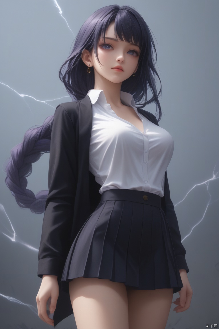 score_9,score_8_up,score_7_up,score_6_up,(masterpiece, best quality:1.2), raiden shogun_(genshin_impact),raiden shogun (genshin impact), 1girl,slim body,slim legs,large breasts,arm_tattoo,blue,cowboy_shot,earrings,energy,floating,foreshortening,glowing,holding lightning,lightning,jaguar_print,jewelry,female_focus,open_clothes,student uniform,pleated_skirt, white aura around body,aura,ultra-instinct, A shot with tension,(Visual impact,giving the poster a dynamic and visually striking appearance:1.2),impactful picture, offcial art,colorful,splash of color,movie perspective,advertising style,magazine cover,
