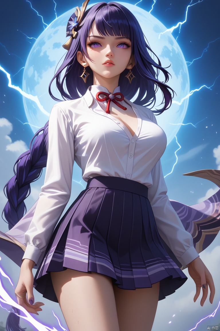 score_9,score_8_up,score_7_up,score_6_up,(masterpiece, best quality:1.2), raiden shogun_(genshin_impact),raiden shogun (genshin impact), 1girl,slim body,slim legs,large breasts,arm_tattoo,blue,cowboy_shot,earrings,energy,floating,foreshortening,glowing,holding lightning,lightning,jaguar_print,jewelry,female_focus,open_clothes,student uniform,pleated_skirt, white aura around body,aura,ultra-instinct, A shot with tension,(Visual impact,giving the poster a dynamic and visually striking appearance:1.2),impactful picture, offcial art,colorful,splash of color,movie perspective,advertising style,magazine cover,
