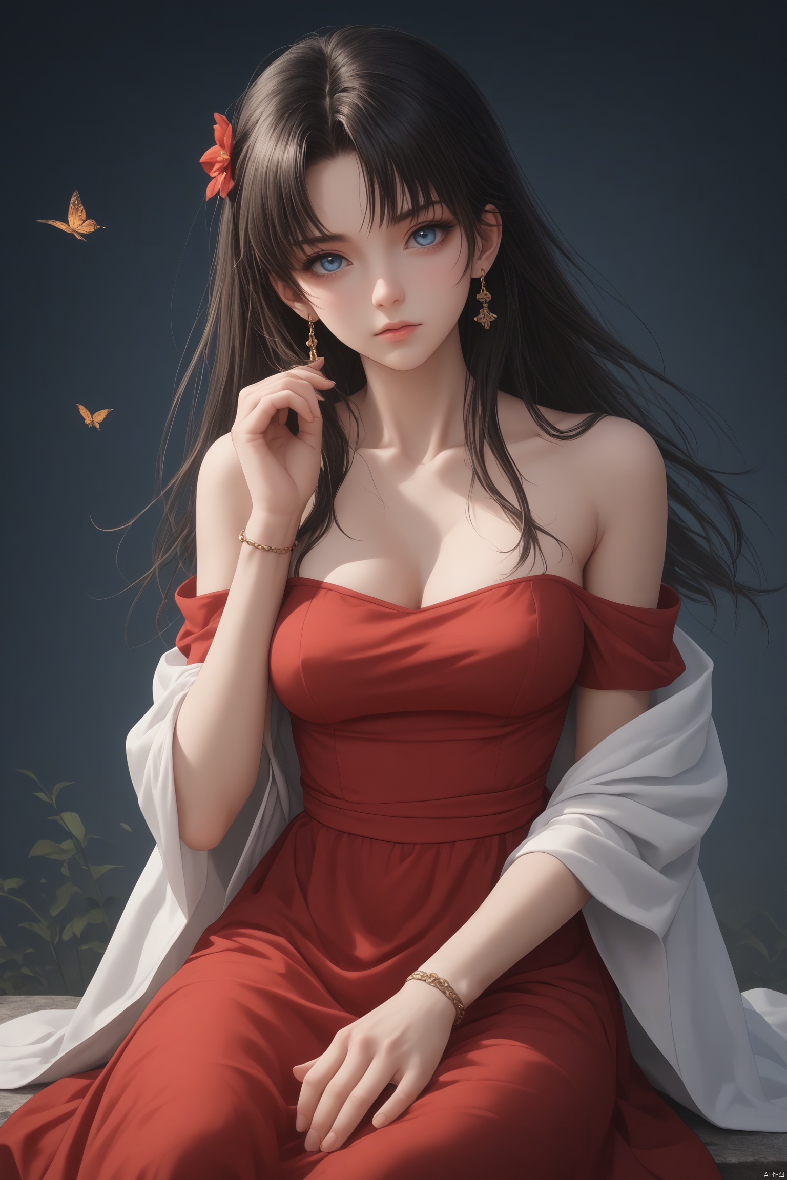 score_9,score_8_up,score_7_up, source anime,masterpiece,best quality,ultra detailed eyes,BREAK,1girl,solo,flower,hair ornament,blue eyes,jewelry,breasts,sitting,long hair,butterfly,earrings,hair flower,looking at viewer,cleavage,dress,bracelet,medium breasts,red flower,collarbone,bare shoulders,bangs,black hair,hand up,closed mouth,off shoulder,skirt,gem,floating hair,red skirt,shawl,red dress,glint,feet out of frame,night,outdoors,
