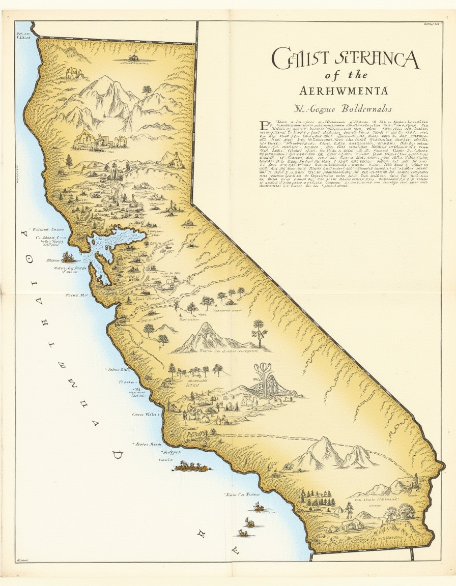 Traditional cartography,  a classic map of the state of California,  with pictographic cities and landmarks on Tensor.Art