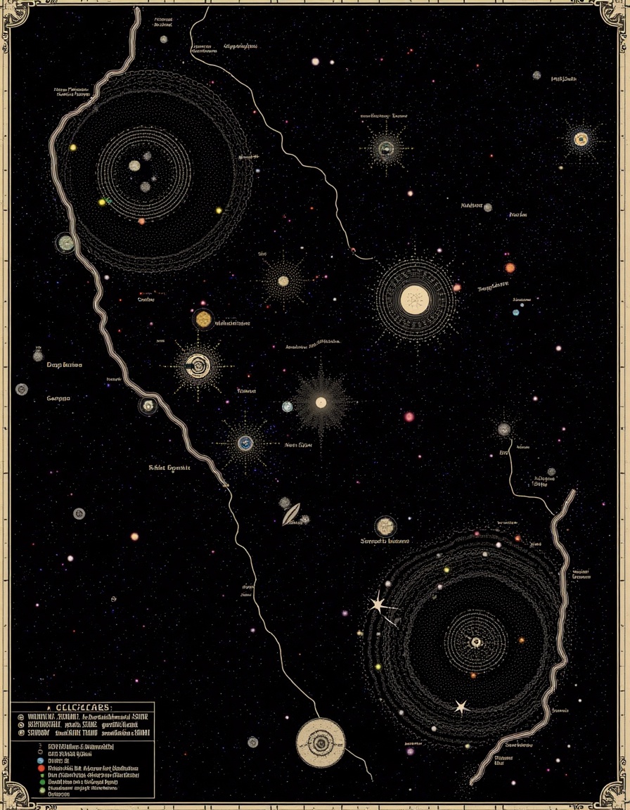 top-down view classic cartography. Galactic Star Map: A futuristic map of a galaxy,  showing various star systems,  planet...