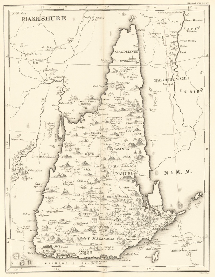 traditional cartography,  a map of the state of New Hampshire,  with pictographic cities and rivers on Tensor.Art