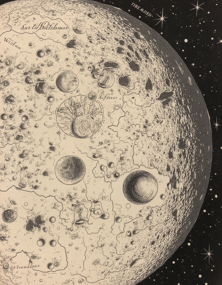 Traditional cartography,  a whimsical map of the Moon,  with pictographic craters and lunar seas on Tensor.Art