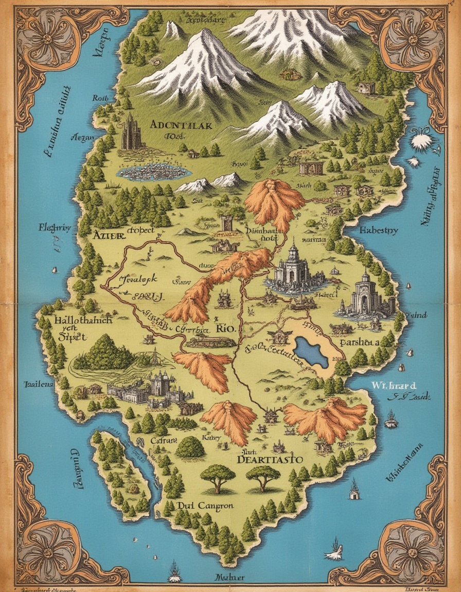 top-down view classic cartography. Fantasy Continent Map: A richly detailed map of a fantasy continent. Include diverse la...