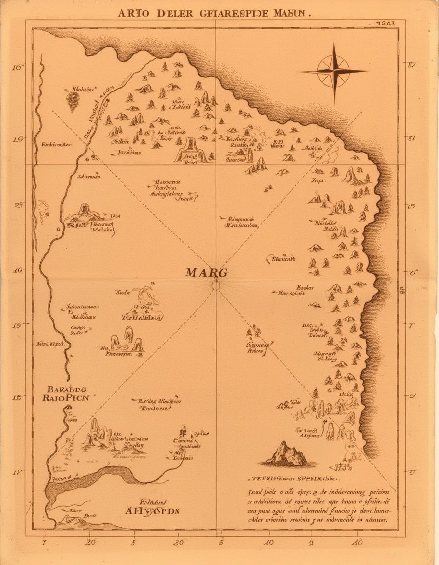 "Traditional cartography,  a map of Mars,  with pictographic craters and valleys on Tensor.Art