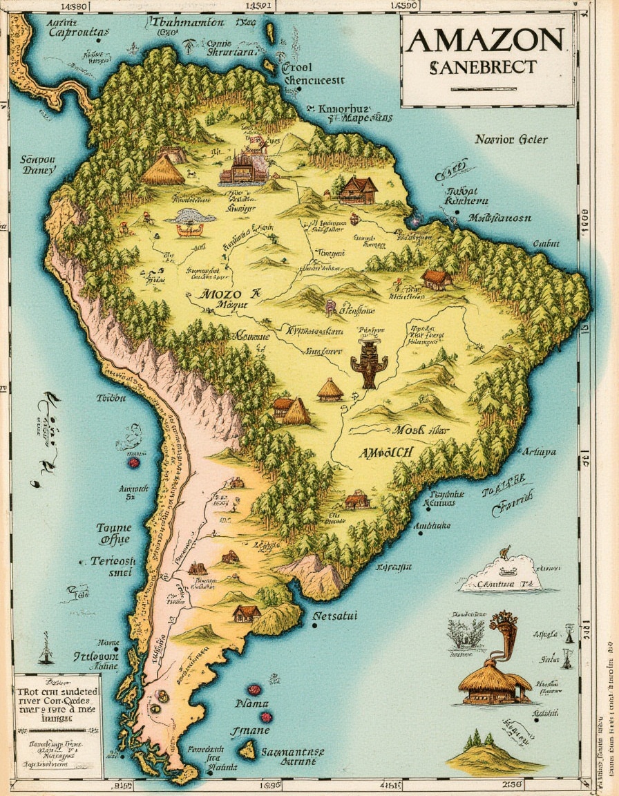 Traditional cartography,  a vibrant map of the Amazon Rainforest,  with pictographic rivers and wildlife habitats on Tenso...
