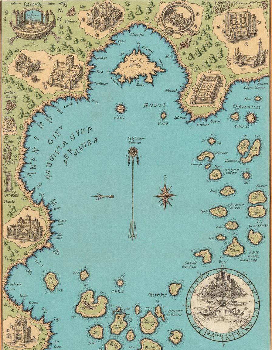 Traditional cartography,  an imaginative map of the Kingdom of Atlantis,  with pictographic underwater palaces and coral r...