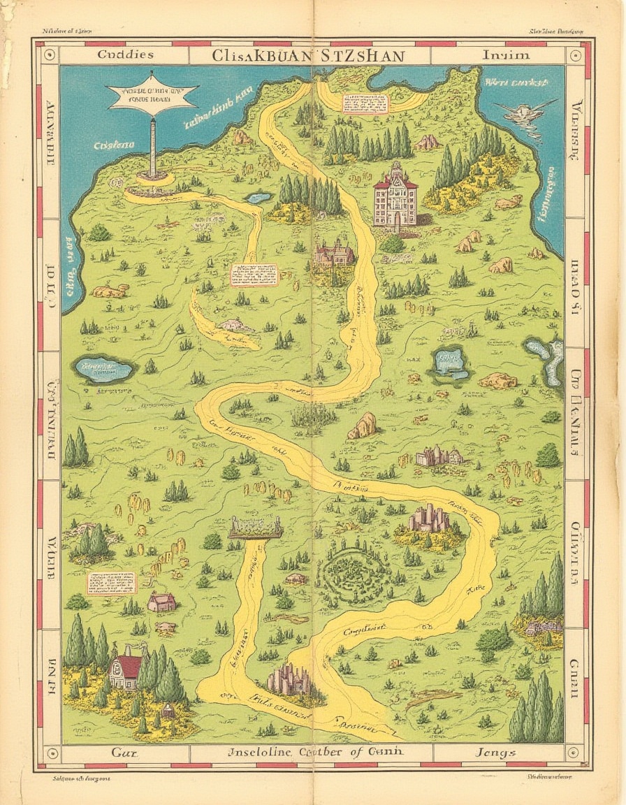 Traditional cartography,  a fantastical map of Oz,  with pictographic fields and cities on Tensor.Art