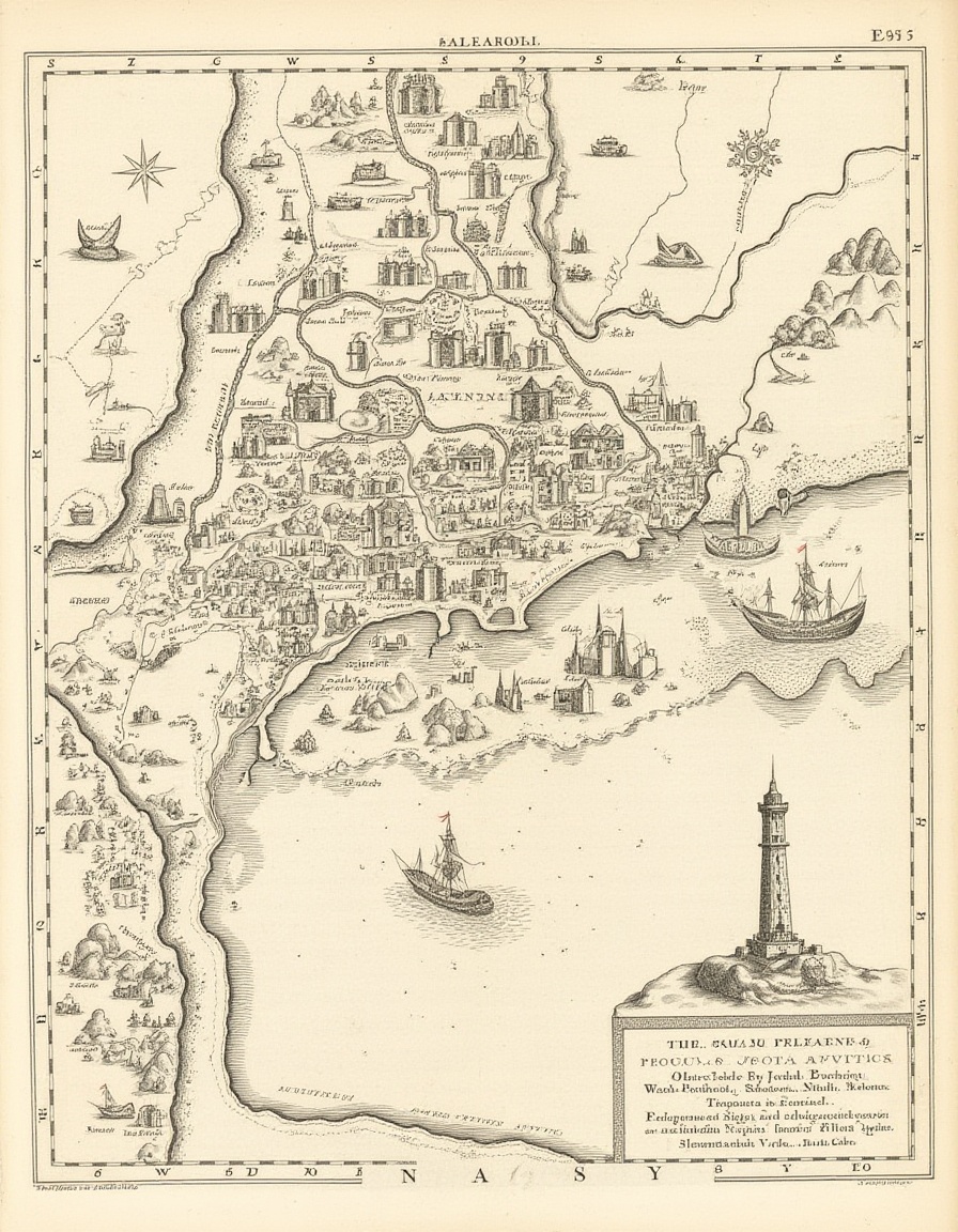 Traditional cartography,  an intricate map of the ancient city of Alexandria,  with pictographic landmarks and streets on...