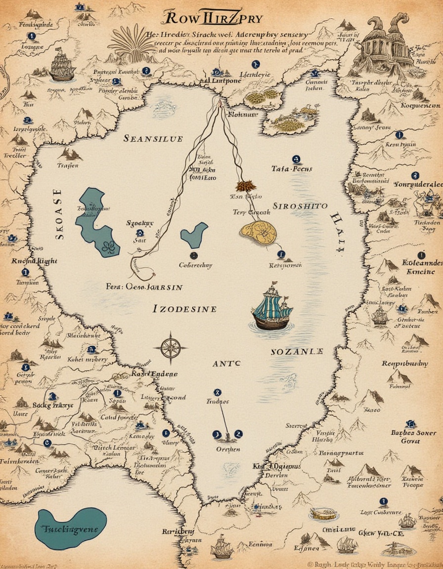 top-down view classic cartography. Fantasy Exploration Map: A detailed map showing the routes of otherworldly explorers du...