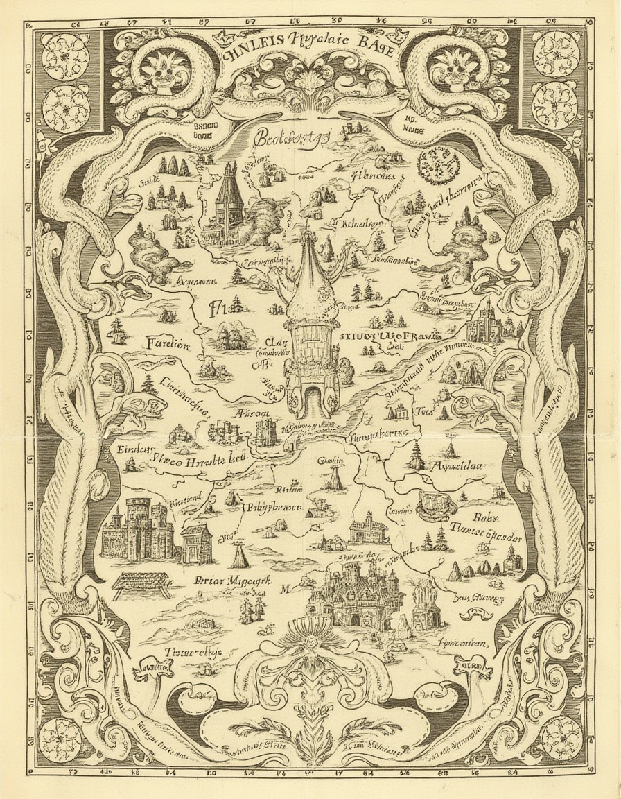 Traditional cartography,  a charming map of Wonderland,  with pictographic gardens and forests on Tensor.Art