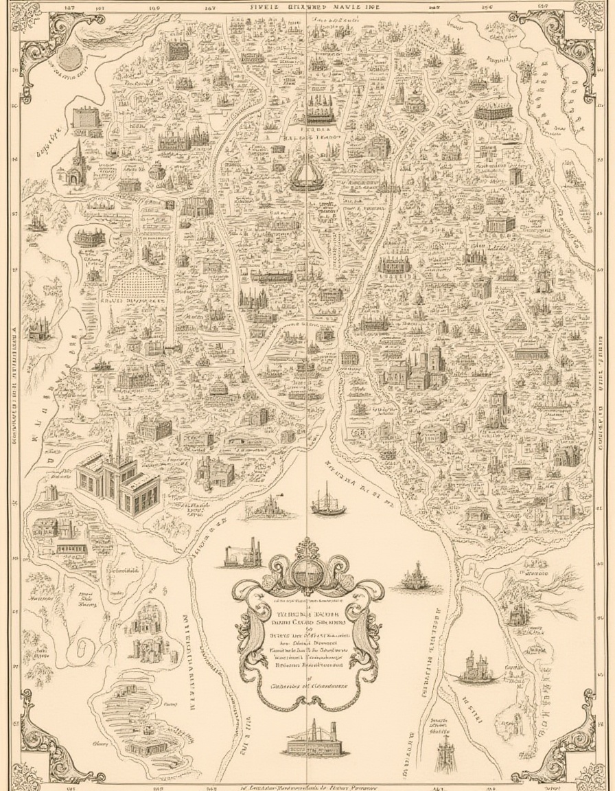 top-down view classic cartography. Victorian-Era City Map: A hand-drawn map of a bustling Victorian-era city. Include cobb...