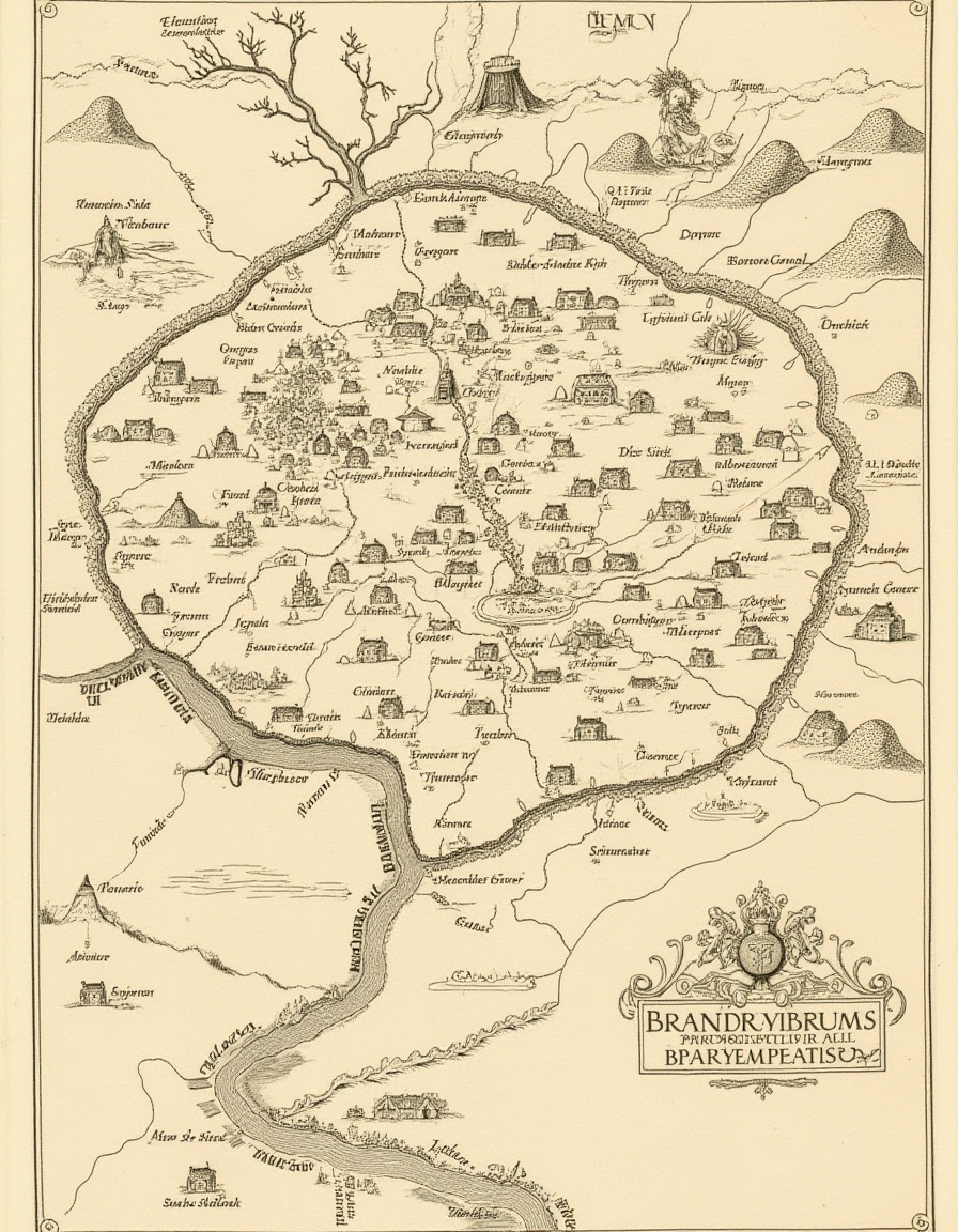Traditional cartography,  a quaint map of the Shire,  with pictographic hobbit holes and rolling hills on Tensor.Art