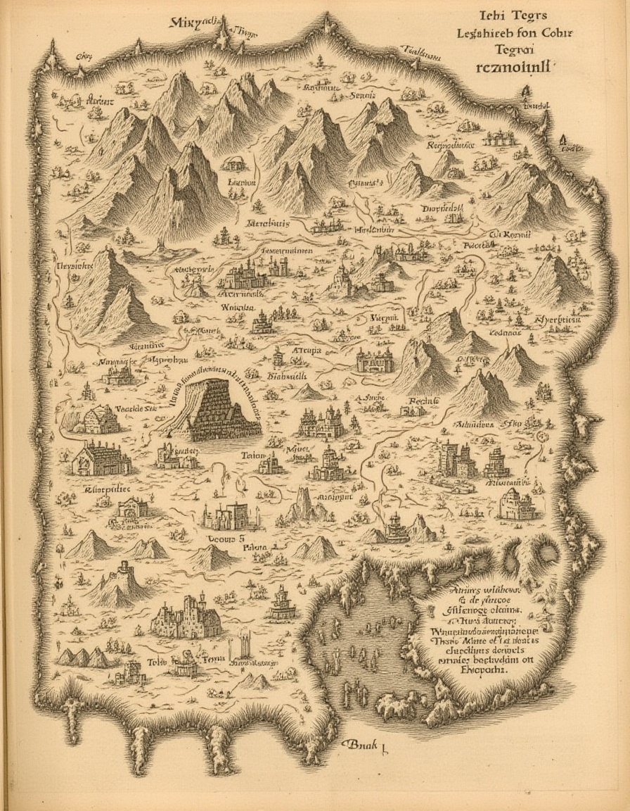 Traditional cartography,  a fantastical map of Middle-earth,  with pictographic mountains and forests on Tensor.Art