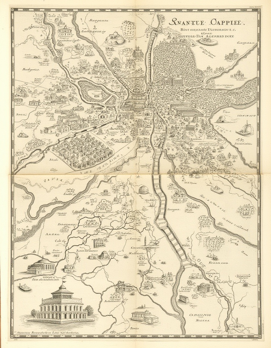 Traditional cartography,  a historical map of Ancient Rome,  with pictographic streets and forums on Tensor.Art