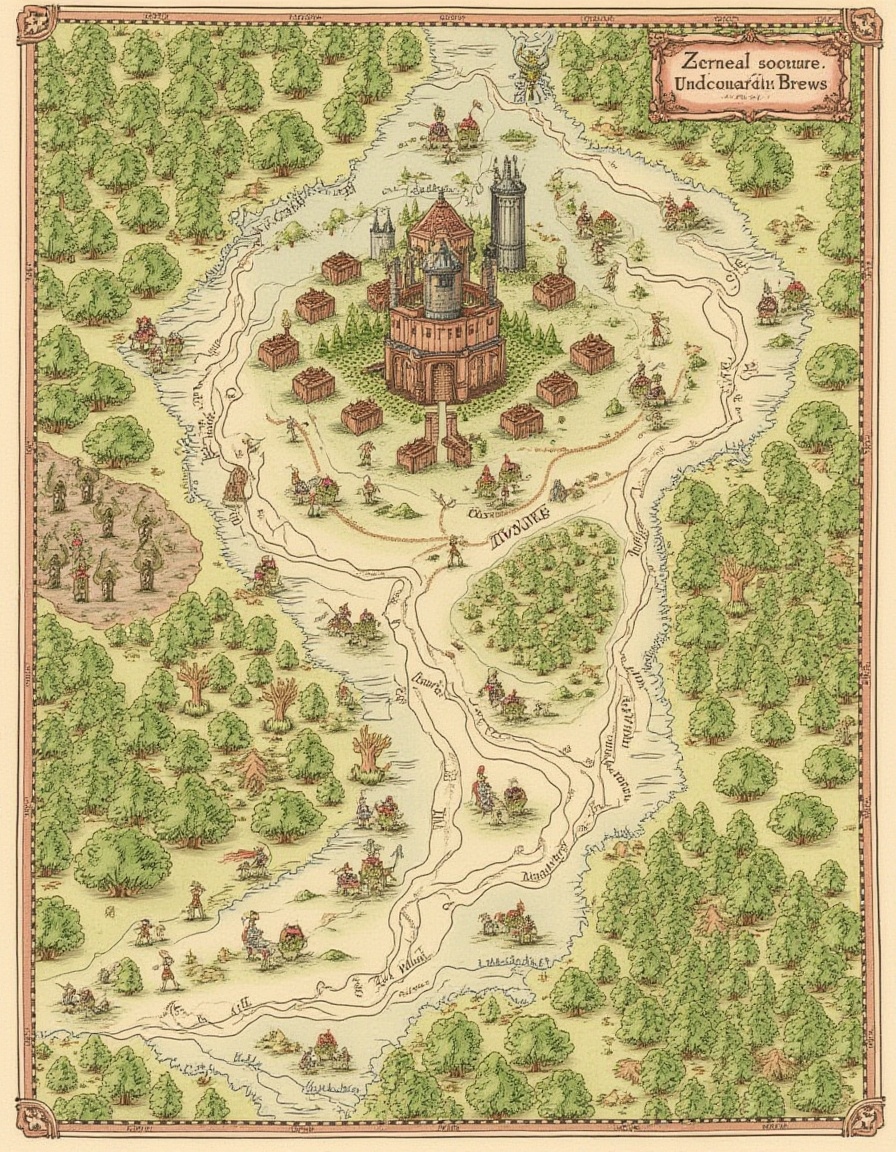 Traditional cartography,  a detailed map of the Enchanted Forest,  with pictographic groves and rivers on Tensor.Art