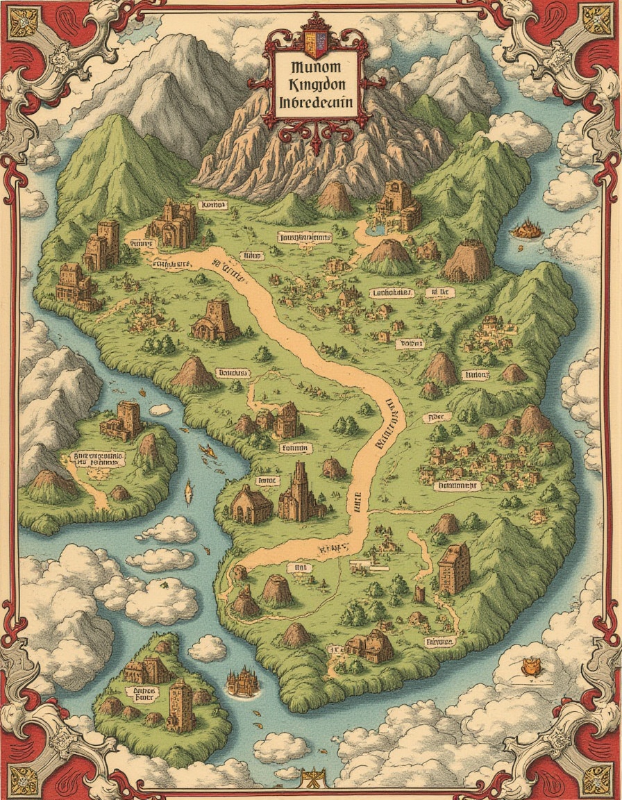 top-down view classic cartography. Fantasy Kingdom Map: A richly detailed map of a fantasy kingdom. Include diverse landsc...