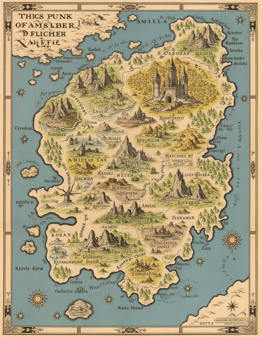 top-down view classic cartography. Fantasy Continent Map: A richly detailed map of a fantasy continent. Include diverse la...