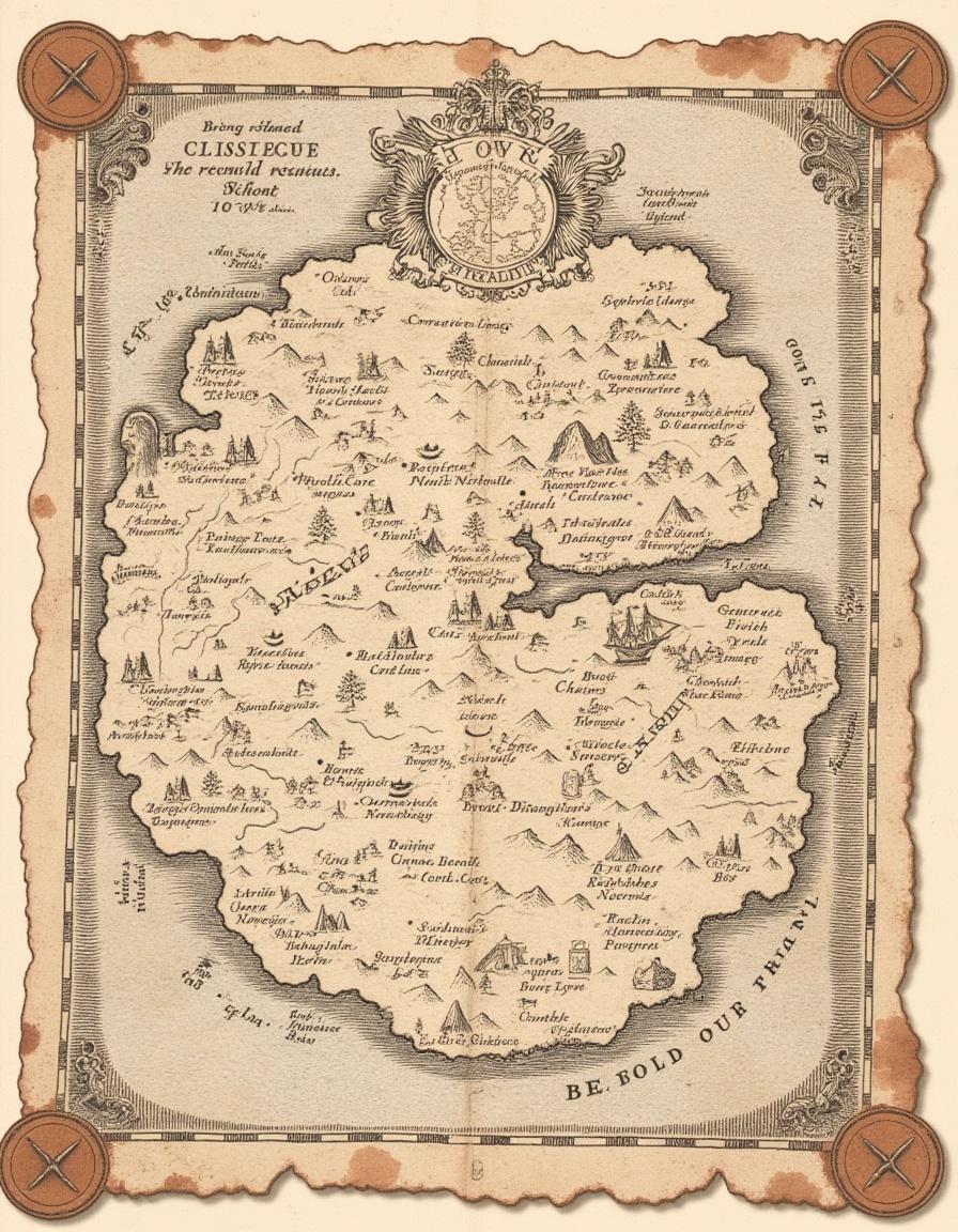 top-down view classic cartography. Pirate Treasure Map: A hand-drawn map showing the location of buried pirate treasure on...