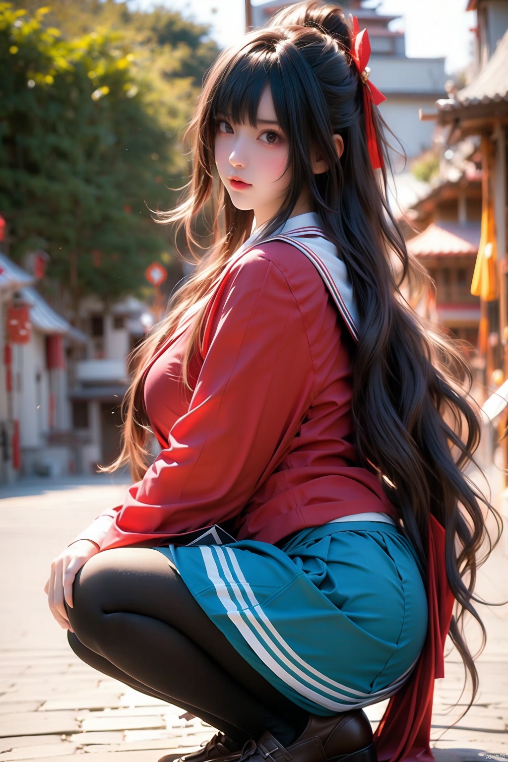 1girl
solo
long hair
looking at viewer
bangs
skirt
black hair
long sleeves
brown eyes
very long hair
school uniform
full body
pantyhose
pleated skirt
hairband
outdoors
shoes
serafuku
day
sailor collar
blurry
from side
lips
blue skirt
neckerchief
black pantyhose
cosplay
blurry background
squatting
loafers
red neckerchief
white sailor collar
white hairband
realistic
hand on own chin
photo background
kasumigaoka utaha



