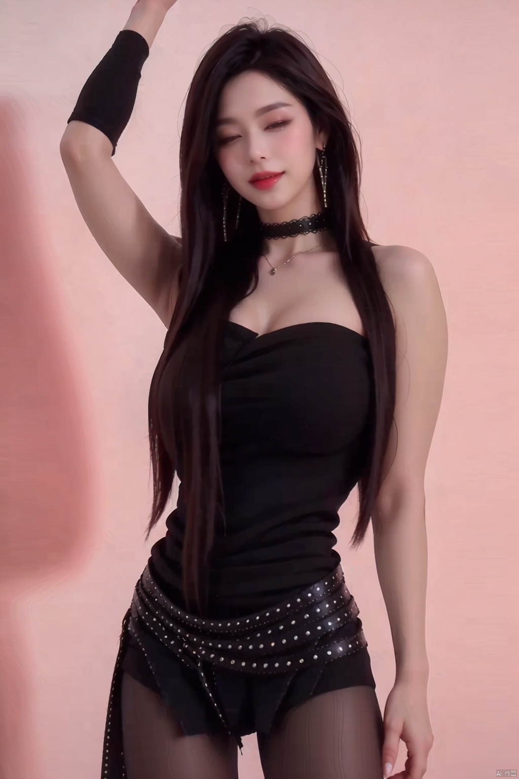 1girl solo long hair looking at viewer smile black hair dress bare shoulders jewelry pantyhose earrings one eye closed choker necklace black dress arm up strapless realistic

