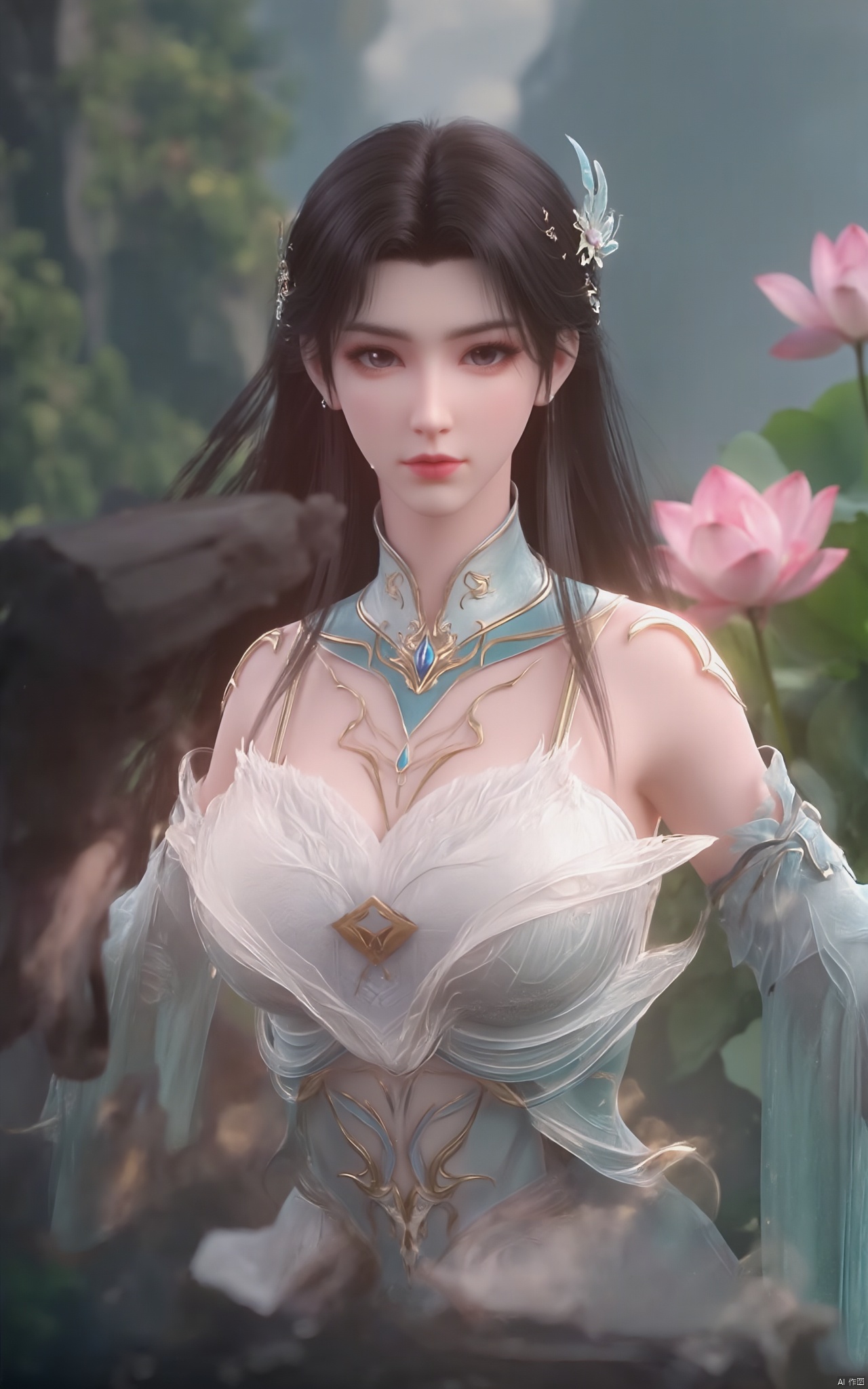 Masterpiece, the best quality, high quality,1girl,(huge breasts:1.79),(pink lotus flowers:1.29),Xlinyuling,Xguxuner,Xmoli