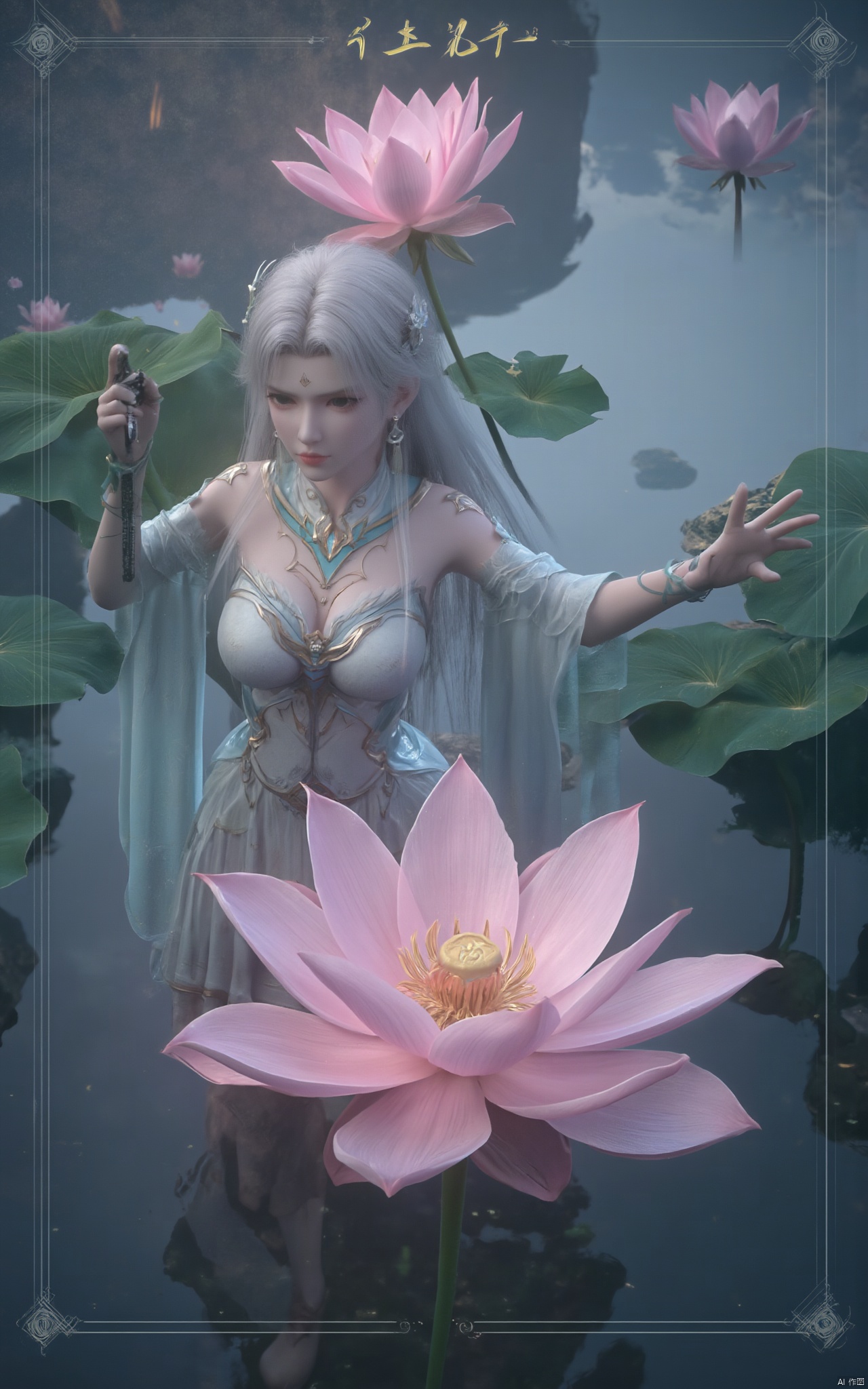 Masterpiece, the best quality, high quality,1girl,(huge breasts:1.79),(pink lotus flowers:1.29),Xlinyuling,Xguxuner,Xmoli